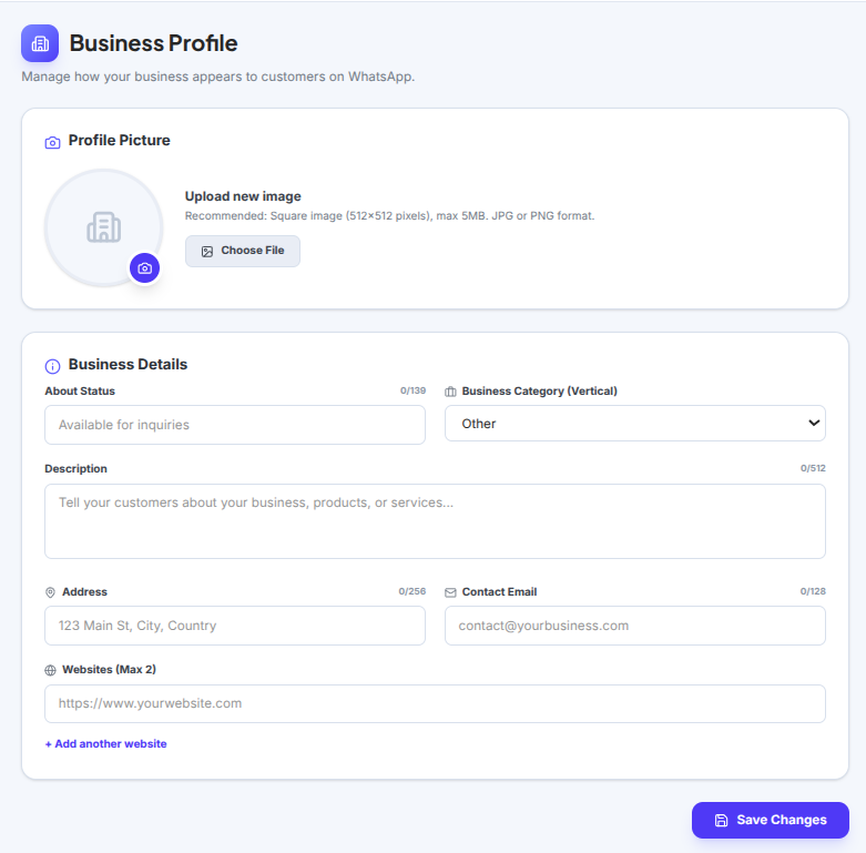 WhatsApp Business profile settings, description, and website catalogue links
