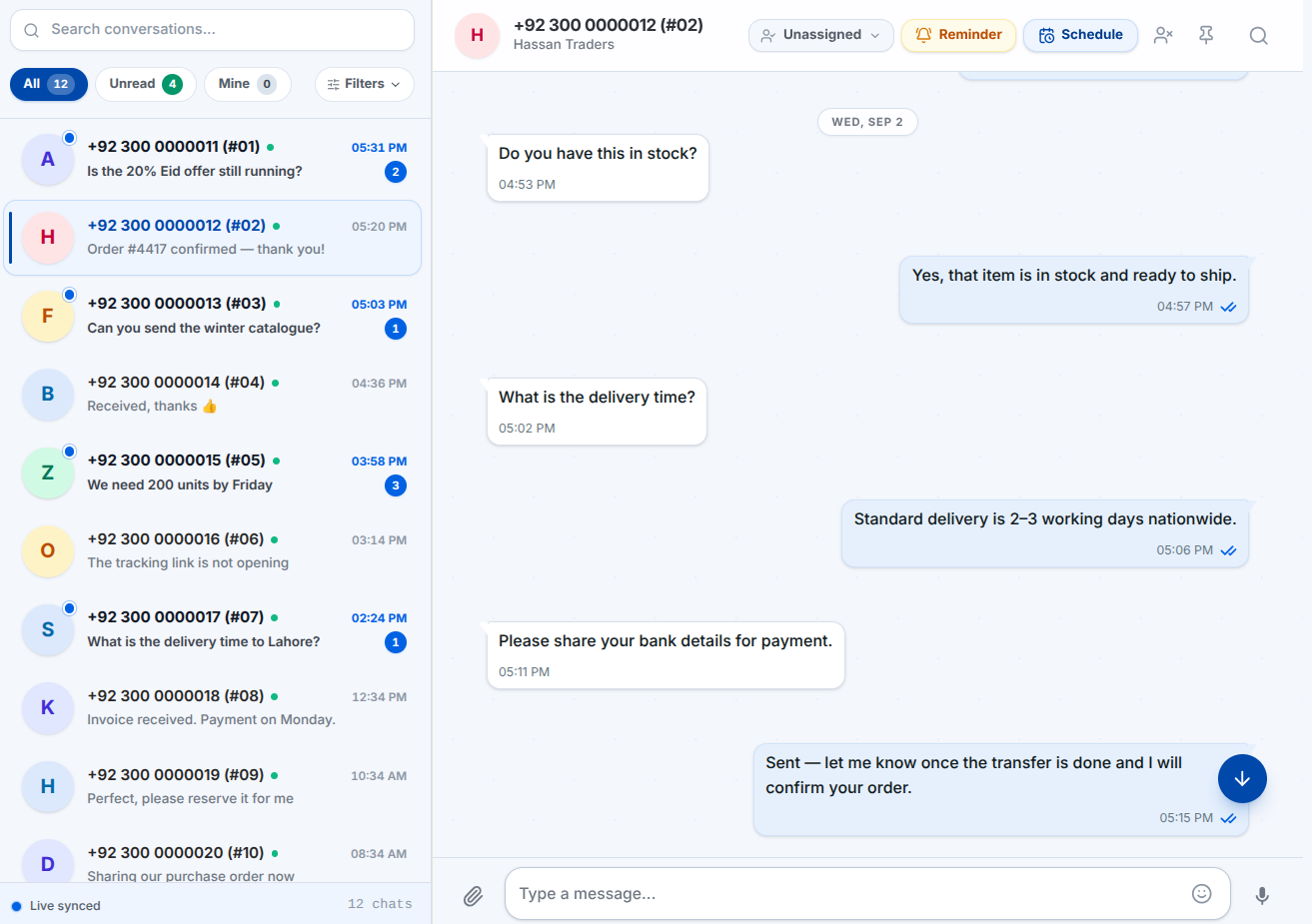 Multi-agent shared WhatsApp inbox with active chat thread, assignment controls, reminders, and scheduling