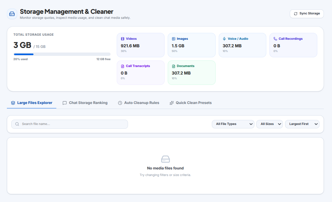 Media storage quotas breakdown and safe automated cleaner