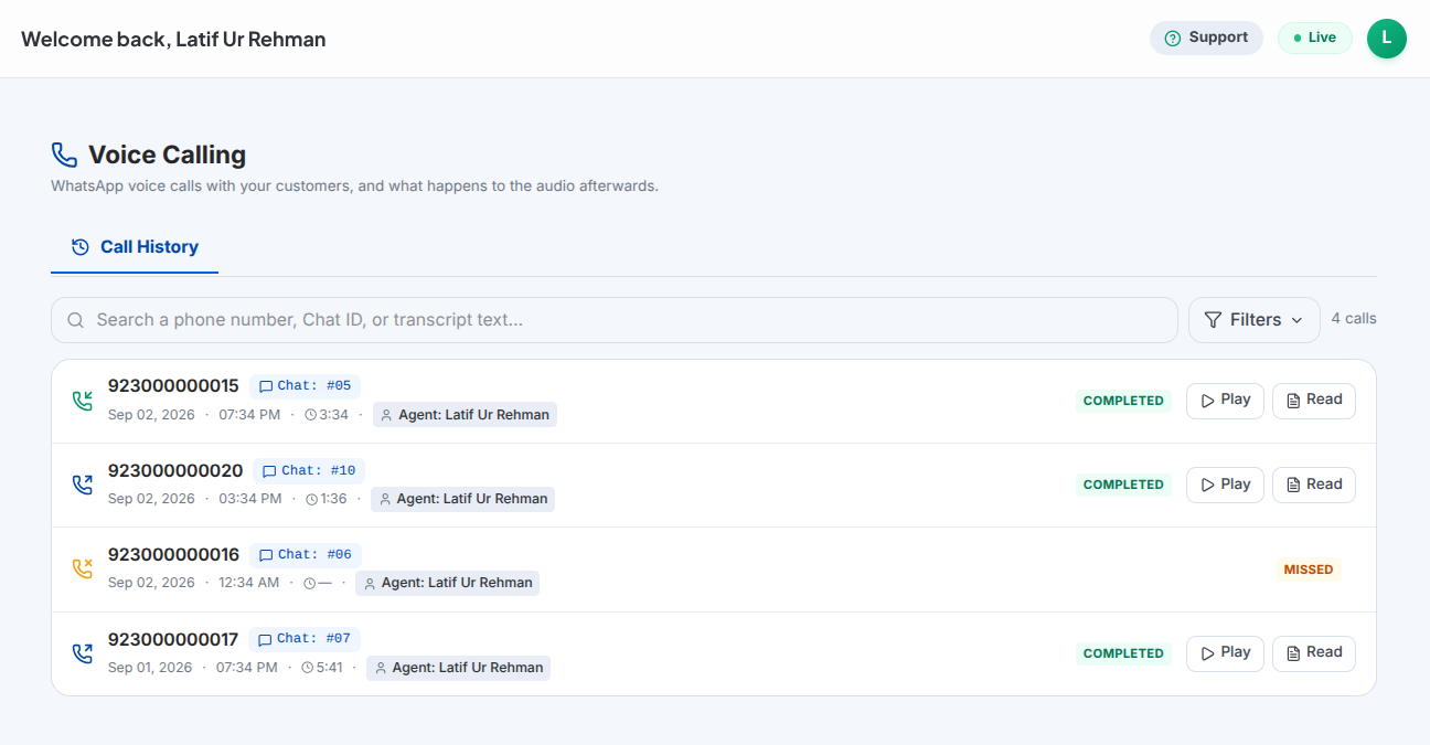 WhatsApp voice calling history with audio recording playback and automated transcripts