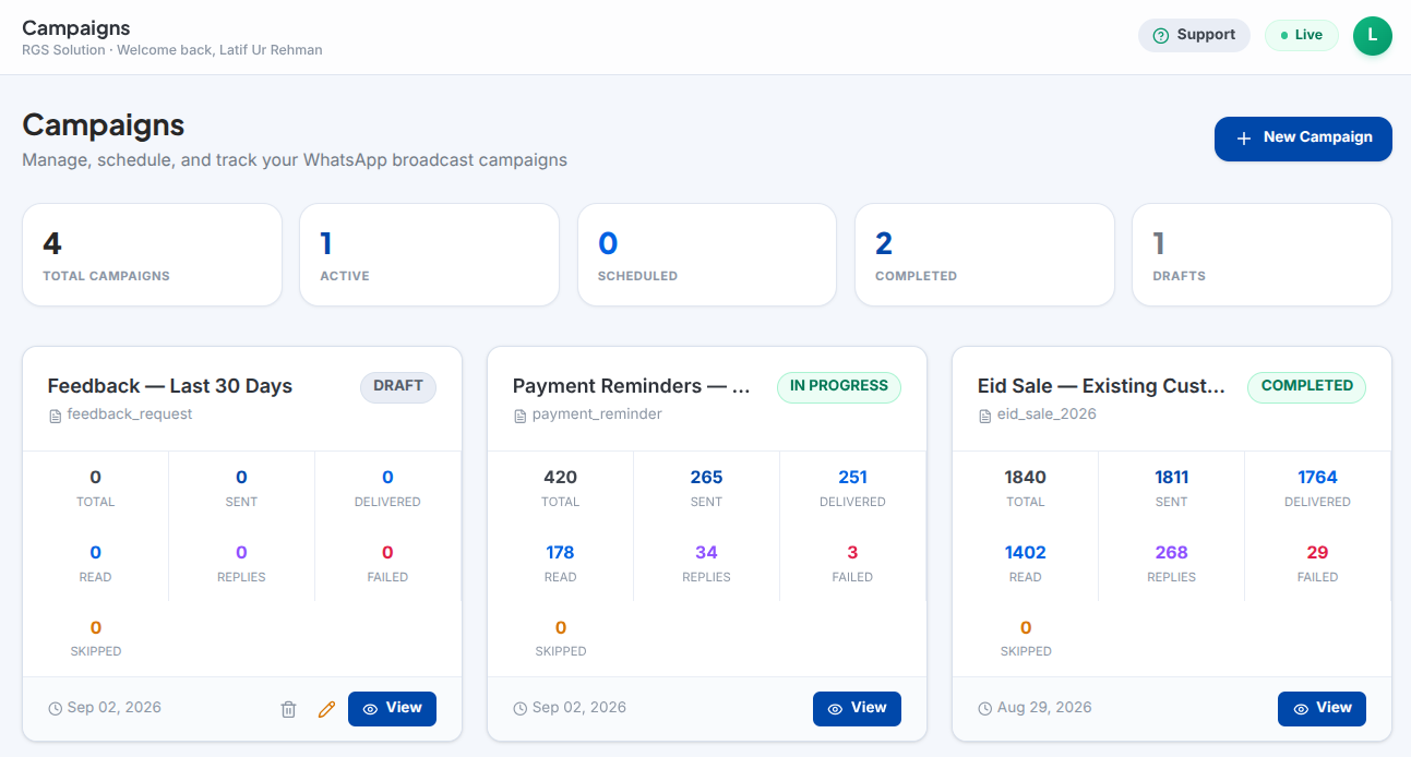 Broadcast campaign manager with status tracking, sent, delivered, read, reply and failure metrics