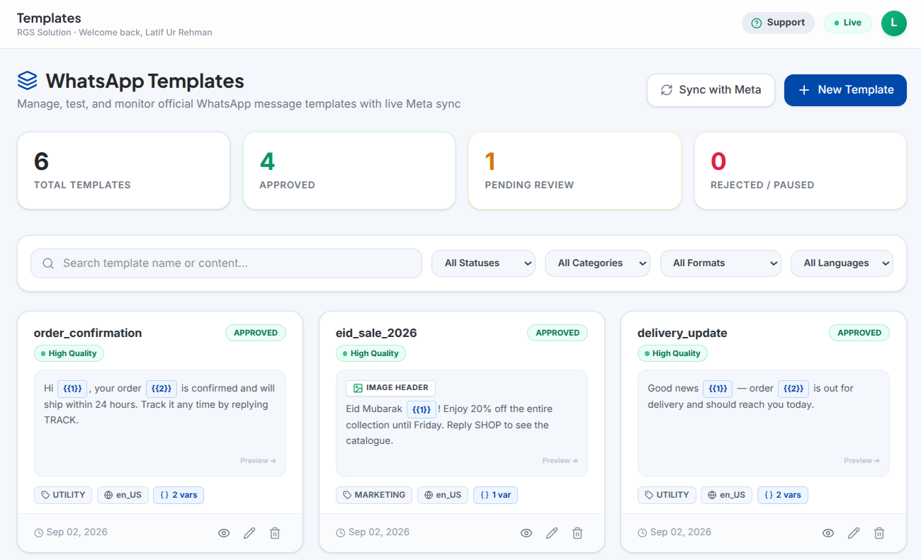 Official WhatsApp message template catalog with live Meta sync, approval badges, and quality ratings